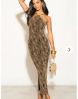High-neck sleeveless metallic-knit with pattern print maxi dress in Gold