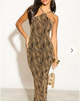 High-neck sleeveless metallic-knit with pattern print maxi dress in Gold