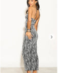 High-neck sleeveless metallic-knit with pattern print maxi dress in Sliver