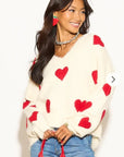 Brushed texture Love Heart Jacquard Pattern Embroidered Jumper in cream