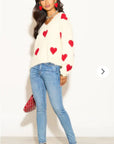 Brushed texture Love Heart Jacquard Pattern Embroidered Jumper in cream