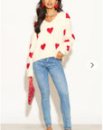 Brushed texture Love Heart Jacquard Pattern Embroidered Jumper in cream