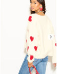 Brushed texture Love Heart Jacquard Pattern Embroidered Jumper in cream