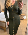 Long sleeves Buttons Design Midi bodycon dress in green