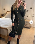 Long sleeves Buttons Design Midi bodycon dress in green