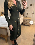 Long sleeves Buttons Design Midi bodycon dress in green
