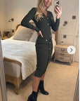 Long sleeves Buttons Design Midi bodycon dress in green