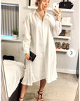 Cotton shirt dress with Pleated chiffon hem design in white