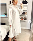 Cotton shirt dress with Pleated chiffon hem design in white