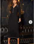 Black Soft knit long sleeves bodycon dress with cream line contrast design