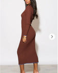 Brown color Soft knit long sleeves bodycon dress with blue line contrast design