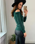 Frilled Cold Shoulder pointelle stitch top (Green)