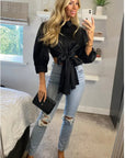 Cross Back and fron tie up crop shirt top in black