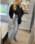 Cross Back and fron tie up crop shirt top in black