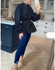 Ruffle design around chest and hem cotton shirt in black