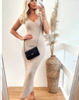 Sleeveless Ribbed Knit Bodycon Dress with Side Split in Beige