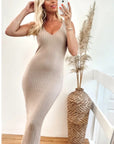 Sleeveless Ribbed Knit Bodycon Dress with Side Split in Beige