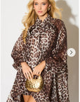 Oversized Leopard print billow dress with blouson sleeves