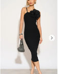Knitted stretch cotton Bodycon midi dress with Camellias Brooches in black