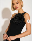 Knitted stretch cotton Bodycon midi dress with Camellias Brooches in black