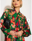 Wild Bloom multi color print oversized shirt with tie up bow design in green