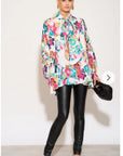 Wild Bloom multi color print oversized shirt with tie up bow design in white