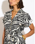 Multi Leaves' print Cotton Linen shirt dress short sleeves in Black