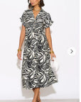 Multi Leaves' print Cotton Linen shirt dress short sleeves in Black