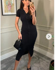 Soft cotton knit dress with collared and buttons down design in Black