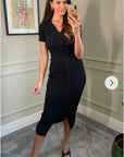 Soft cotton knit dress with collared and buttons down design in Black
