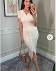 Soft cotton knit dress with collared and buttons down design in Cream Beige