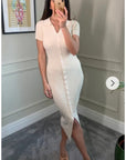 Soft cotton knit dress with collared and buttons down design in Cream Beige