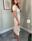 Soft cotton knit dress with collared and buttons down design in Cream Beige