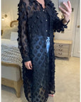 Oversized long shirt dress with floral embellished design in black