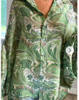 Oversized Long Sleeve Shirt in Green Paisley Scarf print