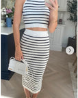 Stripe print sleeveless top and midi skirt co-ords suits in white