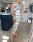 Stripe print sleeveless top and midi skirt co-ords suits in white