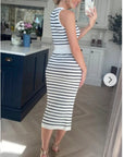 Stripe print sleeveless top and midi skirt co-ords suits in white
