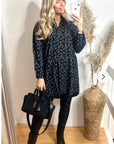 Allover leaves print chiffon shirt dress with scarf (BLACK)