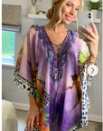 Leopard print chiffon kaftan top in purple