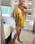 Leopard print chiffon kaftan top in yellow