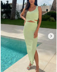 Knitted bodycon style vest top with tie up design and midi pencil skirt co-ords set in green