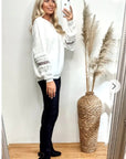 Multi floral and pleated chiffon embellished sleeves jumper