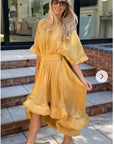Ruffle Hem Oversized dress with belt in yellow