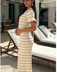Knitted maxi dress with polo neck in Short Sleeves Beige colour