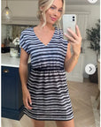 Short Sleeve V Neck Mini Dress in Black Stripe