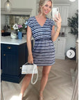 Short Sleeve V Neck Mini Dress in Black Stripe