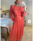 Long sleeves Pleated Maxi Dress (Rose)