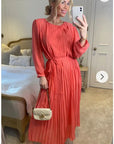 Long sleeves Pleated Maxi Dress (Rose)