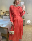 Long sleeves Pleated Maxi Dress (Rose)